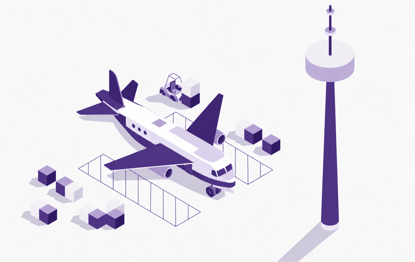 Isometric illustration of a cargo aircraft beside an airport control tower